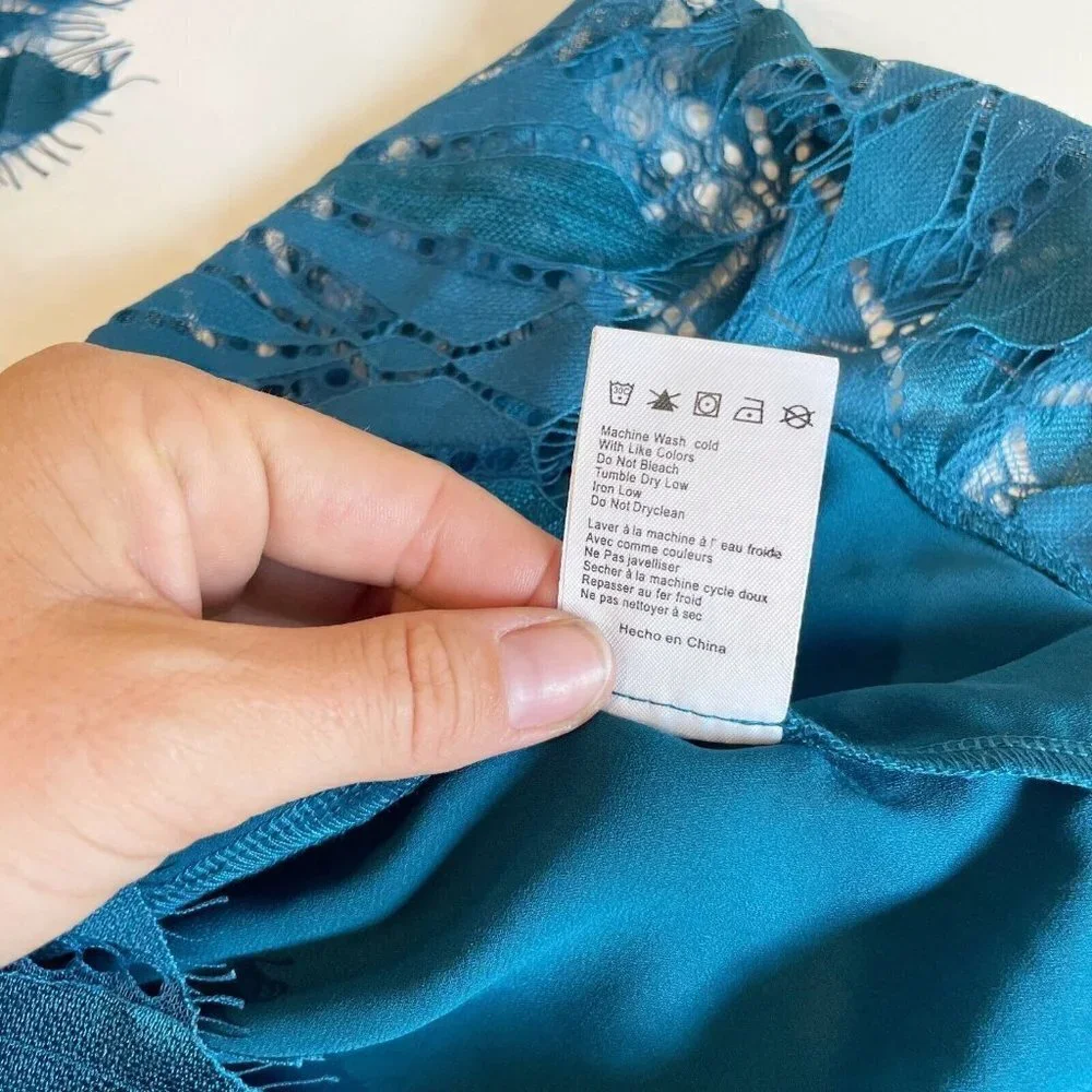 Foxiedox Womens Lace Ruffle Sleeveless Cocktail Dress Teal Blue S High Low‎ NWT